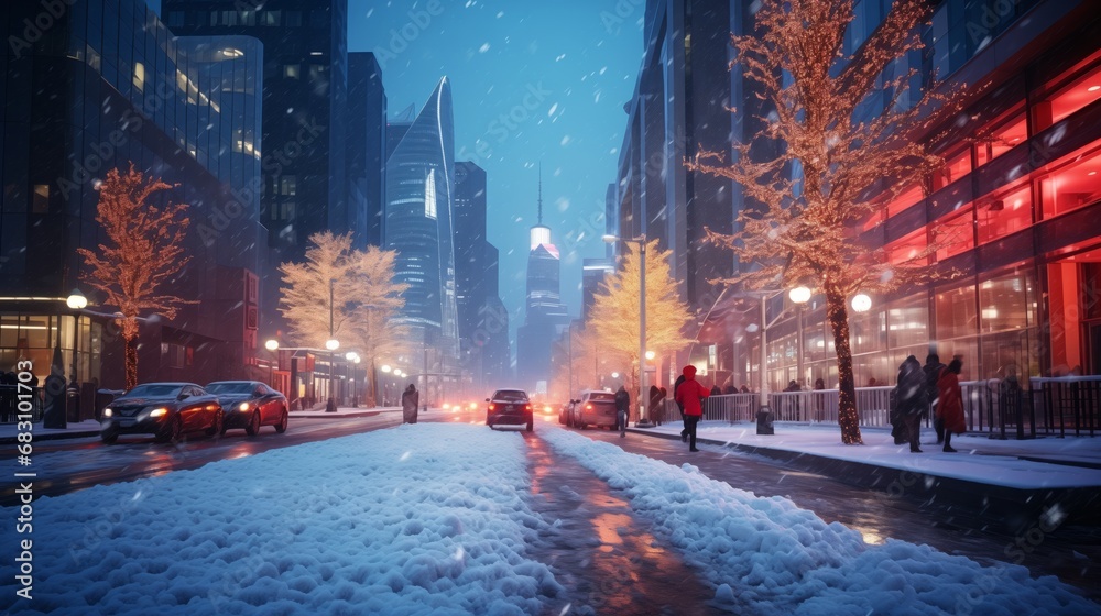 A Winter Wonderland: Serene City Street Glowing Under a Blanket of Snow at Night