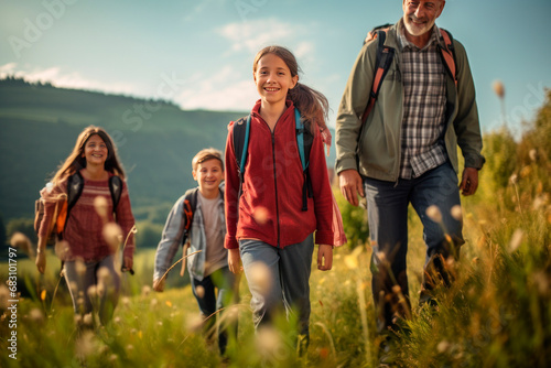 Seniors and family of hikers walking. Happy family and senors hiking at autumn in nature. Generative AI concept