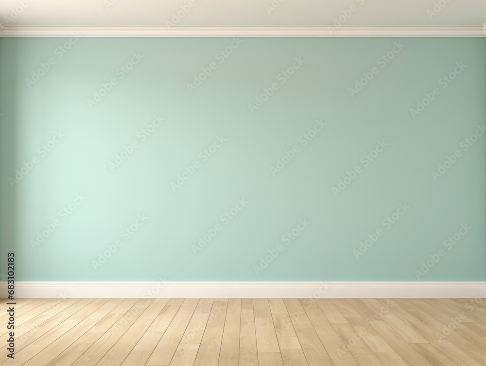 Mint green classic wall background with copy space. Parquet floor. Mock up room.