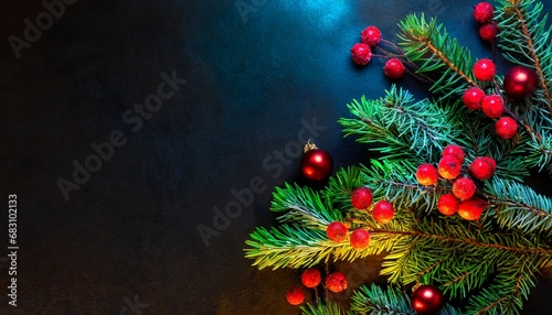 Christmas background with snow fir tree. View with copy space. Christmas banner, happy new year concept. 