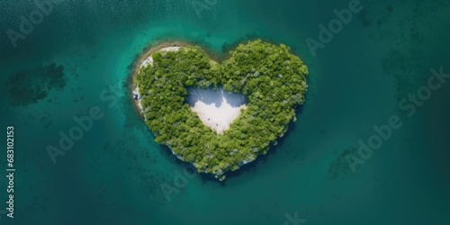 Aerial view of island shaped heart in the sea and blue ocean