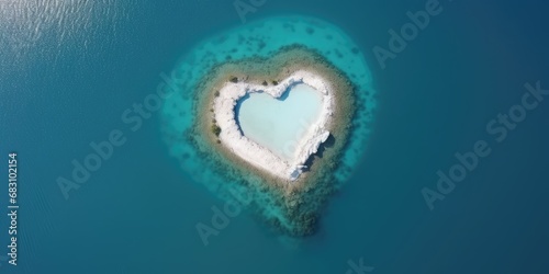 Aerial view of island shaped heart in the sea and blue ocean