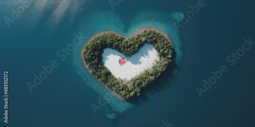Aerial view of island shaped heart in the sea and blue ocean