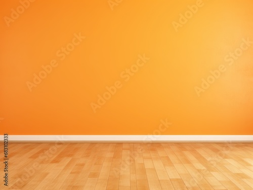 Orange classic wall background with copy space. Parquet floor. Mock up room.