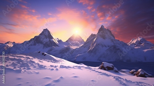 The Majestic Sunset Casting Golden Hues on the Serene Snowy Mountain Range