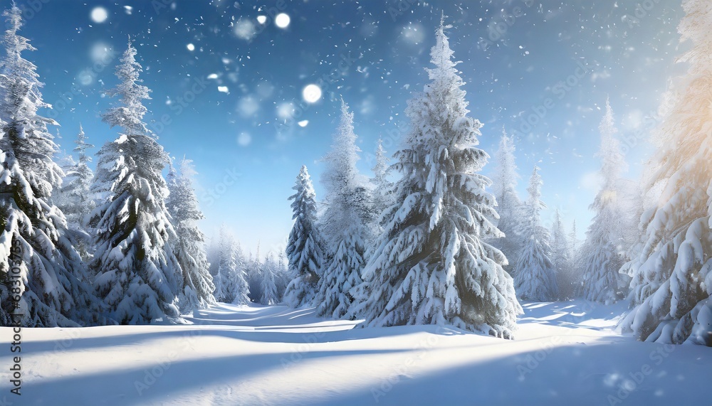 Magnificent Alpine landscape in winter. It's a wonderfully cold morning in the forest. Snow-covered pines in warm sunlight. Fantastic alpine mountains. Incredible winter background. Wonderful Christma