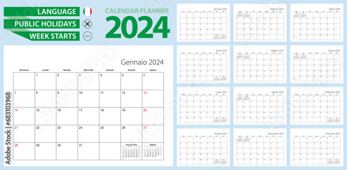 Italian calendar planner for 2024. Italian language, week starts from Sunday. photo