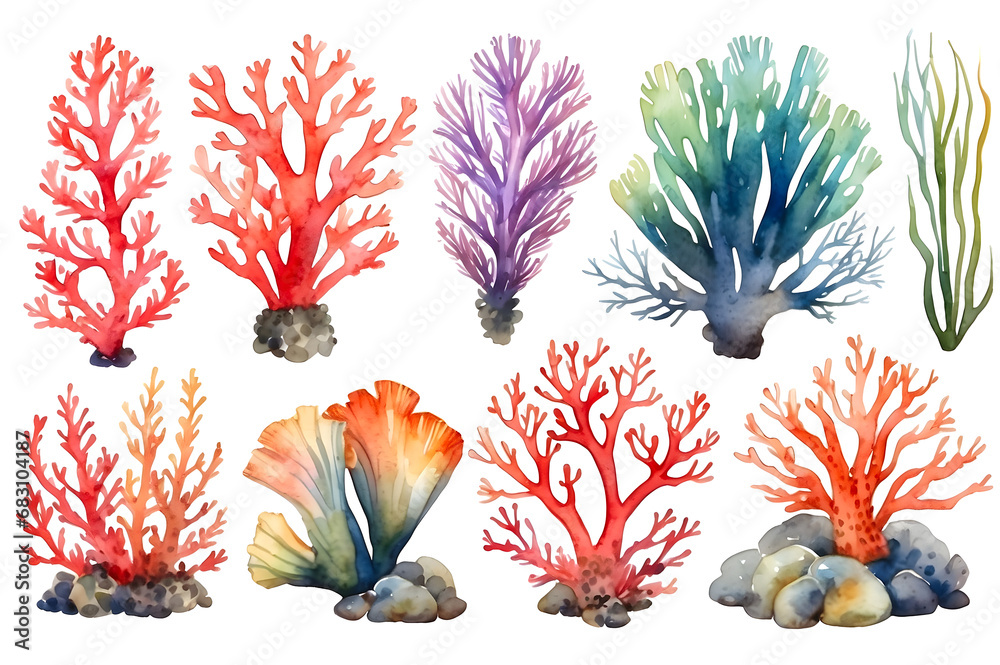 Set of watercolor seaweed and corals isolated on transparent background - obrazy, fototapety, plakaty 
