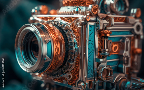 Old chrome medium format camera with teal and orange design photo