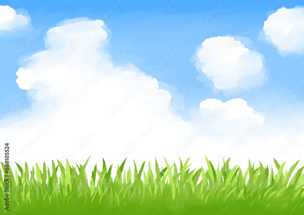 芝生と空と雲の手描きイラスト
