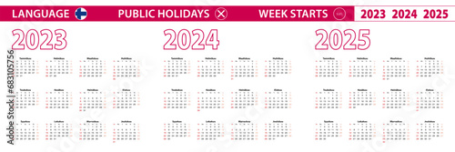 2023, 2024, 2025 year vector calendar in Finnish language, week starts on Sunday.
