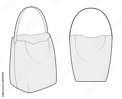 Slouchy Tote bucket silhouette bag. Fashion accessory technical illustration. Vector satchel front 3-4 view for Men, women, unisex style, flat handbag CAD mockup sketch outline isolated