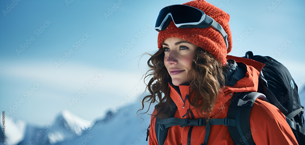 Winter sport young woman portrait on snow mountain