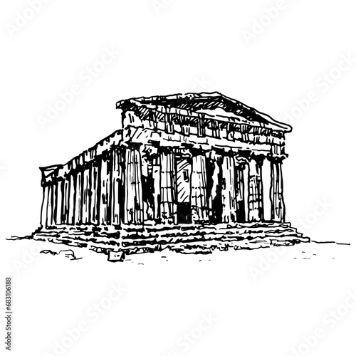 The Temple of Concordia in Agrigento. Greek Doric structure in Sicily, Italy. Hand drawn linear doodle rough sketch. Black and white silhouette.