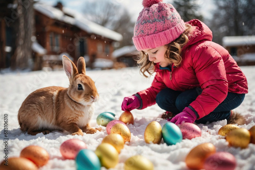 Generative AI illustration young girl in winter attire is playing with colorful Easter eggs in the snow with a brown rabbit beside her photo