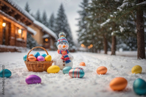 Generative AI illustration snowman with a colorful scarf stands next to a basket of colorful Easter eggs on snowy landscape with warm cabin lights photo