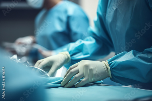 Generative AI illustration of surgical anonymous team performing an operation with focus on hands in sterile gloves in blurred background photo