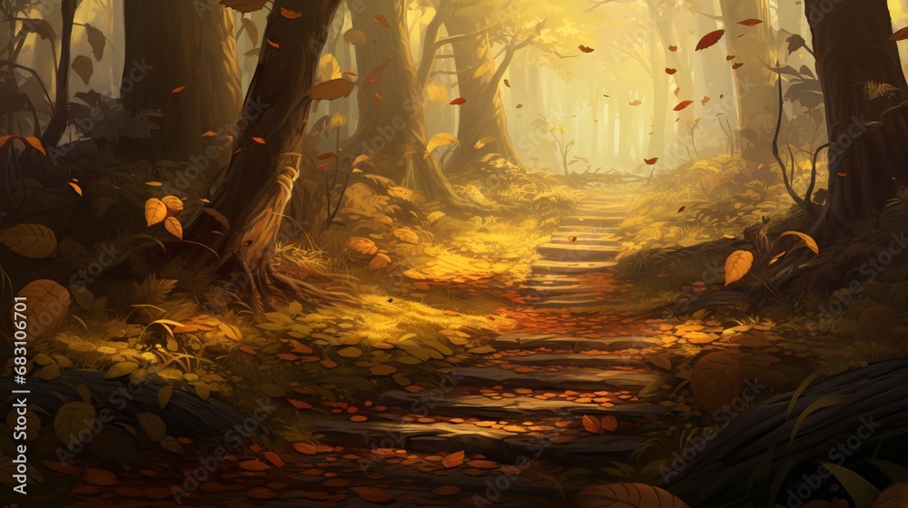 Fototapeta premium illustration of a forest scene in autumn, trees with golden leaves
