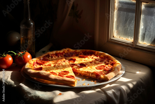 Generative AI illustration of a plate of appetizing pizza slices served on white plate on table near fresh tomatoes and bottle of oil, illuminated by the natural light streaming through a window