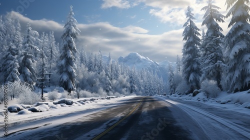 Empty road in the mountains, snowy forest