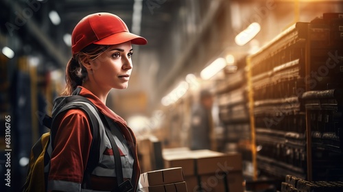 Female worker on a warehouse photography with a blury background photo