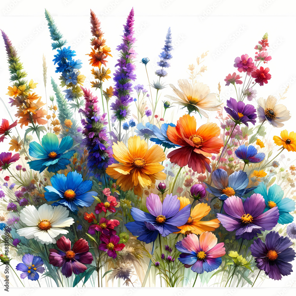 A collection of vibrant wildflowers painted in watercolor style on a white background