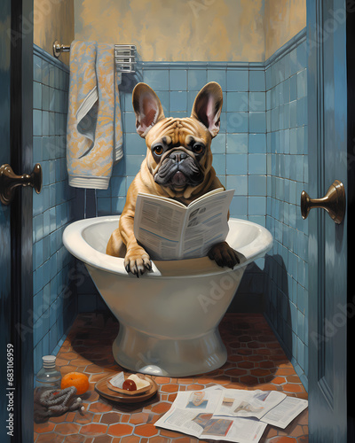 A French bulldog sits on a white toilet