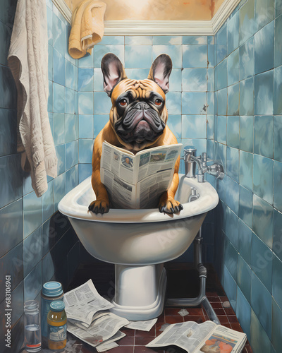 A French bulldog sits on a white toilet bowl in the toilet 