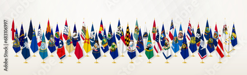 All US states in four lines on a flag stand. photo
