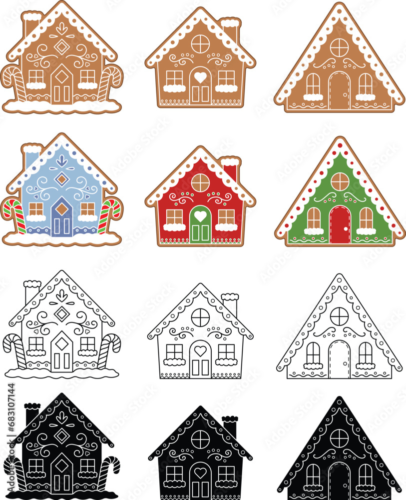 Decorated Gingerbread House Clipart - Outline, Silhouette & Color
