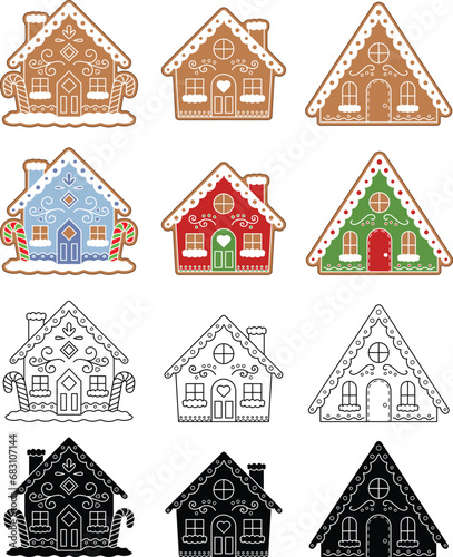Decorated Gingerbread House Clipart - Outline, Silhouette & Color