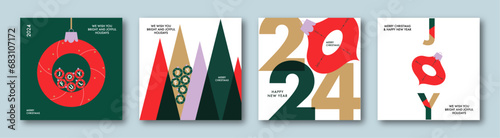 Merry Christmas and Happy New Year greeting cards set. Xmas design with 2024 logo, beautiful balls and christmas trees. Christmas concept for invitation, banner, poster, cover, marketing material.