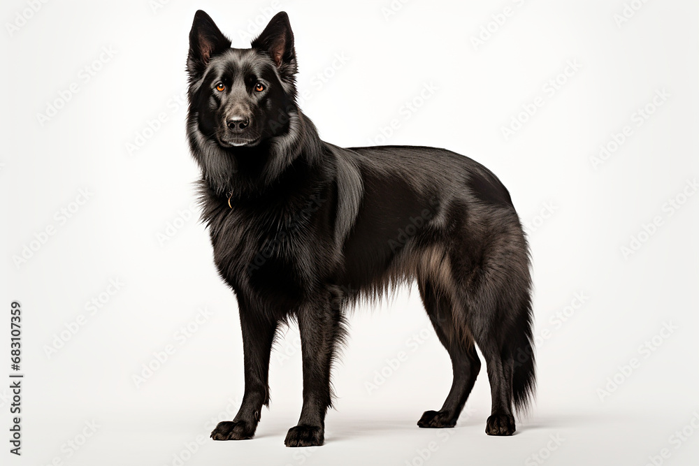 Blue Bay Shepherd dog standing on a white background. Animal left-side portrait. Blue Bay Shepherd dog standing on a white background. Animal left-side portrait.