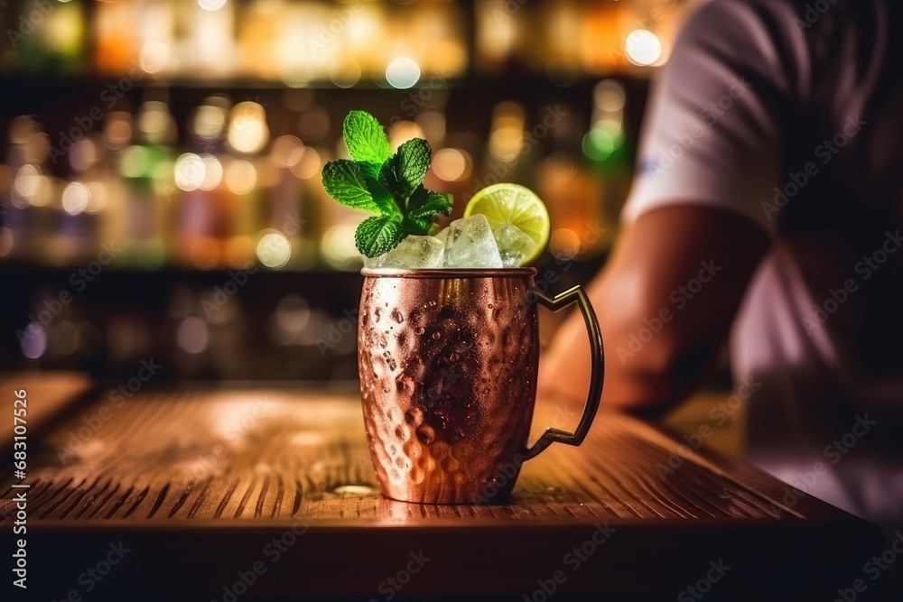 Obraz na płótnie Moscow mule cocktail on bar table w salonie