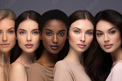 Portrait of different nation women Asian African American and Caucasian are brought together with diverse type on skin. photo