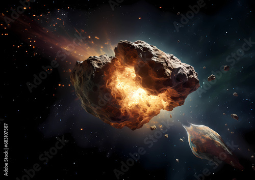 Astonishment asteroid flying past earth in space with fiery meteor