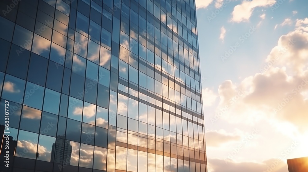 Modern office building or business center. High-rise window buildings made of glass reflect the clouds and the sunlight. empty street outside wall modernity civilization. growing up business Modern office building or business center. High-rise window buildings made of glass reflect the clouds and the sunlight. empty street outside wall modernity civilization. growing up business