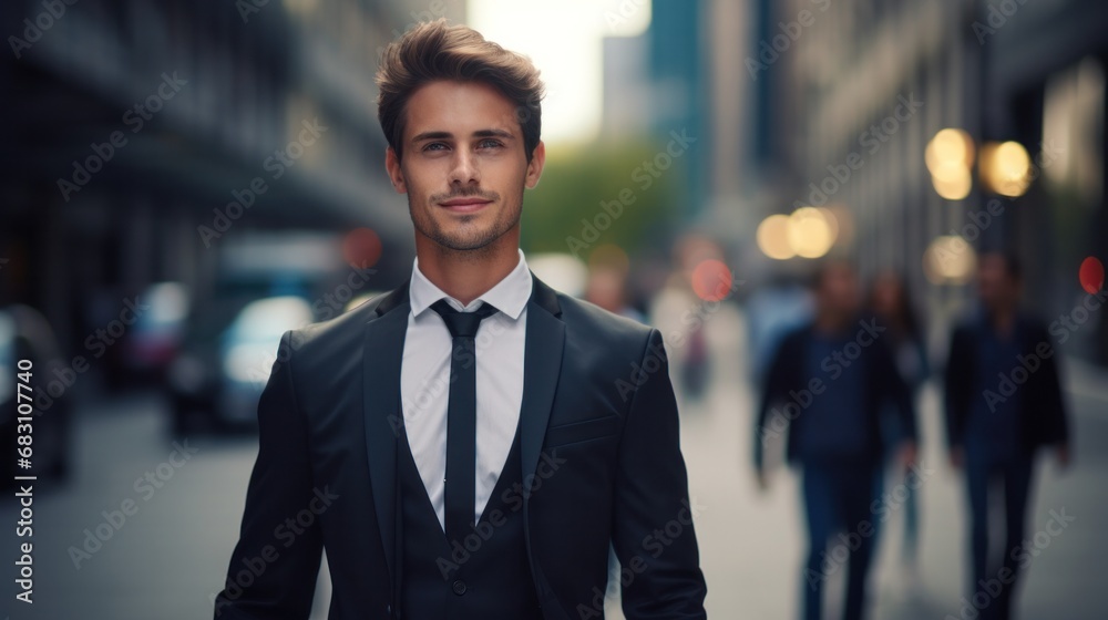 portrait of a handsome smiling Caucasian young businessman boss in a black suit walking on a city street to his company office. blurry street background, confident portrait of a handsome smiling Caucasian young businessman boss in a black suit walking on a city street to his company office. blurry street background, confident