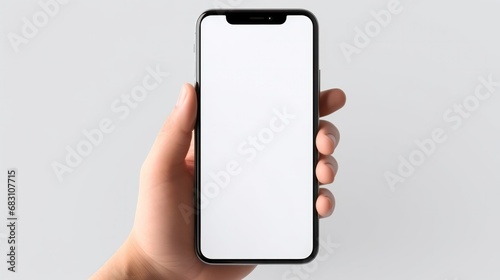 Mobile phone mockup with blank white screen in human hand, 3d render illustration put on a sweater, hold a smartphone Mobile digital device in arm isolated on white photo