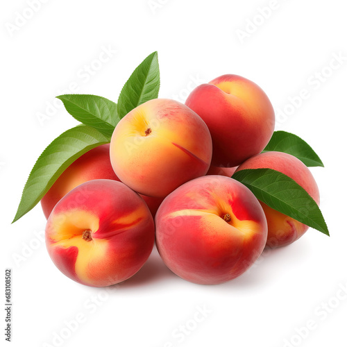 Sumptuous Cluster of Peaches with Lush Green Leaves Isolated on White