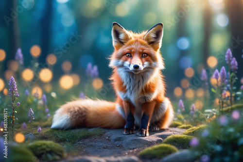 Cute red fox, vulpes vulpes, cub looking to the camera on sunny meadow in summer. Young mammal standing on field in sunlight. Little animal watching on flowered glade.   © vian