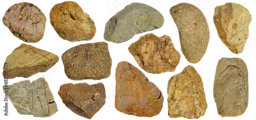 A collection of pebble rock, Cobblestone and rock stone isolated on a transparent background 