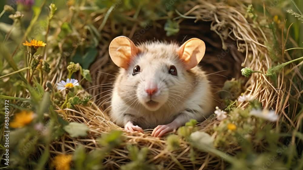 A white and brown rat curled up in a cozy straw nest, surrounded by a lush green field with wildflowers in the background. . A white and brown rat curled up in a cozy straw nest, surrounded by a lush green field with wildflowers in the background. .