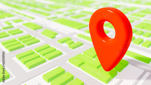 Green city map with red location icon, gps location and use theme, technology uses, 3d illustration