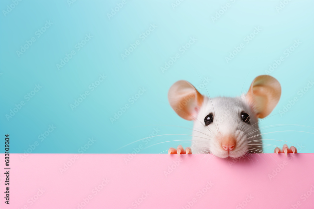 Portrait of a funny mouse on pastel pink and blue background. Copy space for text. Generative AI. - obrazy, fototapety, plakaty 