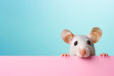 Portrait of a funny mouse on pastel pink and blue background. Copy space for text. Generative AI.