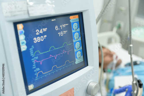 Attached medical equipment such as blood pressure cuff, temperature probe and heart rate monitor with blurry severe patient in intensive care unit (ICU).