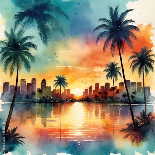 Watercolor painting illustration of tropical city with palm trees, exocotic vacation destination
