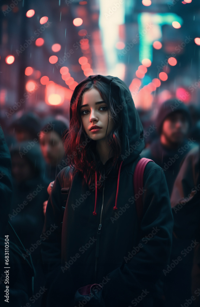 beautiful young woman in the city at night, looking at camera beautiful young woman in the city at night, looking at camera