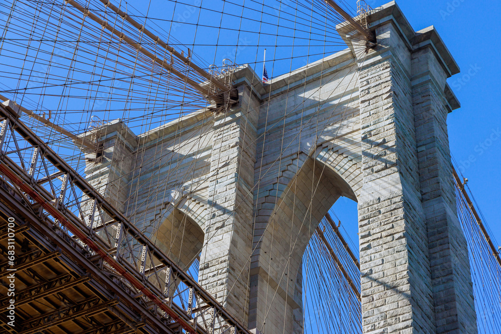 Obraz premium View historic of Brooklyn Bridge, New York City, USA with amazing architectural detail